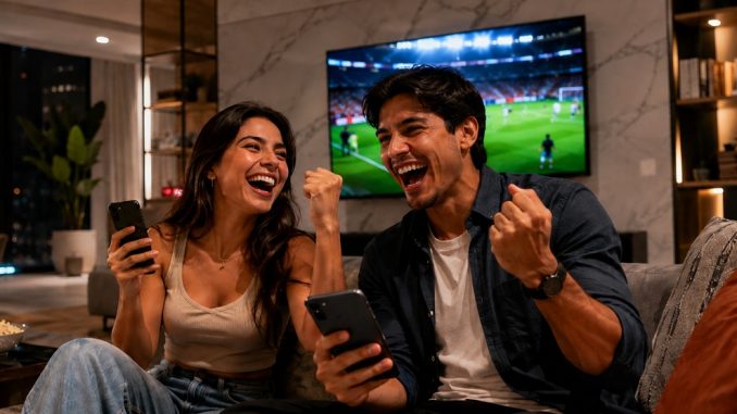 Pareja celebra viendo fútbol en casa con móviles
