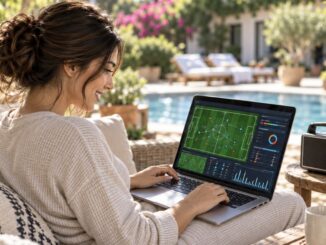 Mujer consultando estadísticas de un partido de fútbol en su portátil mientras escucha la radio junto a la piscina.